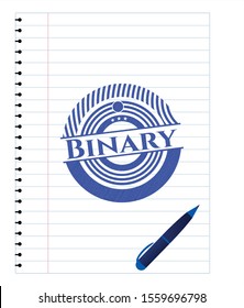 Binary emblem draw with pen effect. Blue ink. Vector Illustration. Detailed.