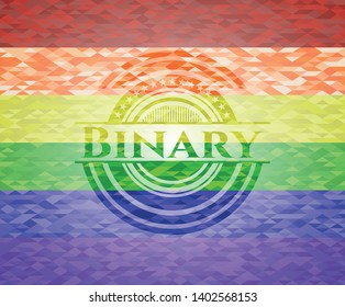 Binary emblem on mosaic background with the colors of the LGBT flag