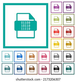 Binary file type flat color icons with quadrant frames on white background