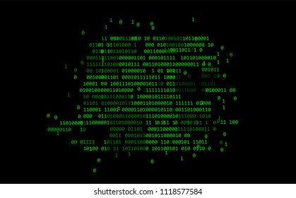 Binary glitched green code on dark background.