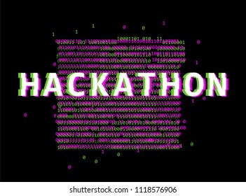 Binary Glitched Neon Code On Dark Background. Hackathon Event Template.