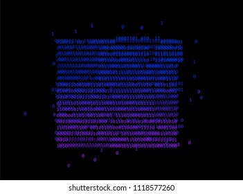 Binary glitched neon code on dark background.