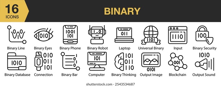 Binary icon set. Includes bar, database, eye, phone, robot, security, and More. Outline icons vector collection.