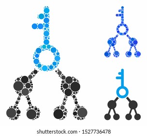 Binary key composition of filled circles in variable sizes and color tones, based on binary key icon. Vector filled circles are united into blue mosaic.