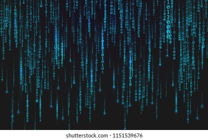 Binary matrix background. Falling digits on dark backdrop. Running random numbers. Abstract data concept. Blue futuristic cyberspace. Vector illustration.