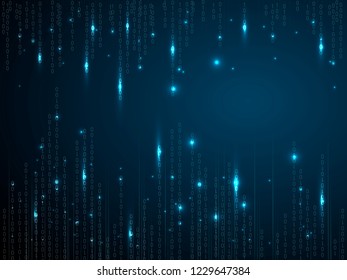 Binary matrix background. Falling digits on dark blue backdrop. Running random numbers. Abstract data concept. Blue futuristic cyberspace. Vector illustration.