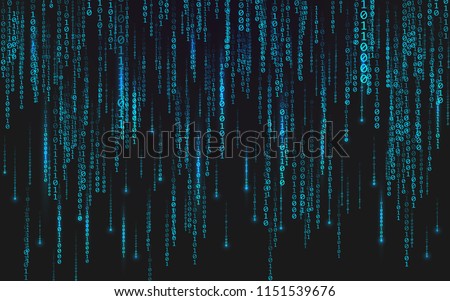 Binary matrix background. Falling digits on dark backdrop. Running random numbers. Abstract data concept. Blue futuristic cyberspace. Vector illustration.