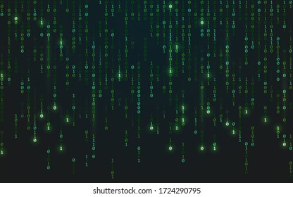 Binary matrix background. Falling random numbers on dark backdrop. Running bright code. Futuristic data concept. Abstract green digits. Vector illustration.