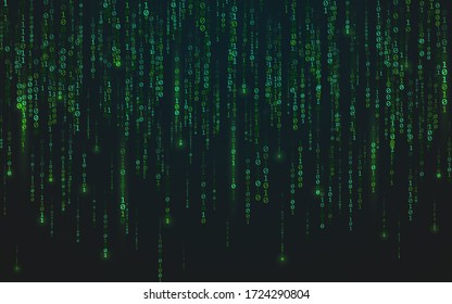 Binary matrix background. Green falling digits. Running bright numbers. Abstract data stream. Futuristic code backdrop. Cyber system concept. Vector illustration.