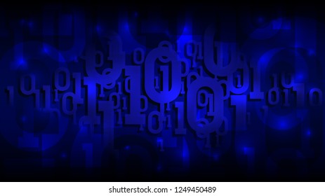 Binary matrix code on a dark blue background, shadow digital code in abstract futuristic cyberspace, artificial intelligence, vector illustration
