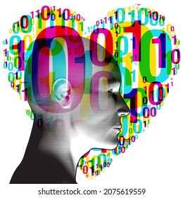 A "Binary number love heart" emerging from a figure side profile. The heart represents the digital evolution of human romance and finding love within today’s digital lifestyle