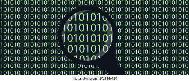 binary number searching through magnifying glass vector illustration.
