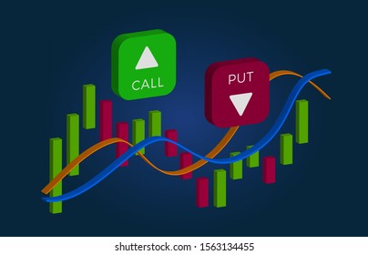 Binary Option - Call and Put Buttons with up and down arrows and price candles chart. Currency exchange market price with green and red bars.