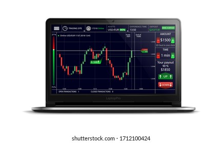 Binary options, trading platform, trading exchange interface on the screen of a realistic black laptop on an isolated background, vector illustration