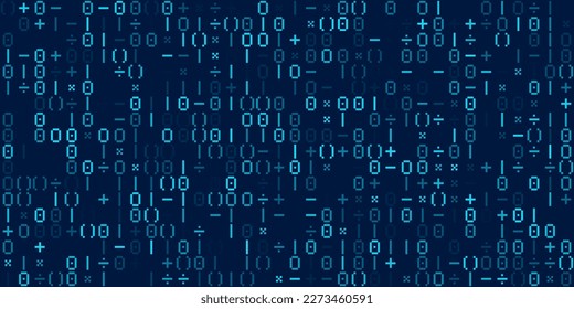 Binary Pixel Numbers and Math Signs. Computer Binary Code Matrix. Pixel Grid of Numbers Abstract Mosaic Design Background. Monochromatic Abstract Background. Vector Illustration.