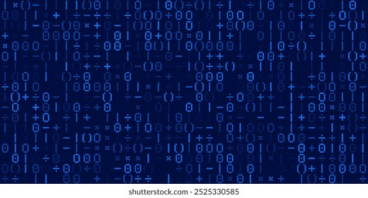 Números de píxeles binarios y signos matemáticos. Matriz de código binario de computadora. Pixel Grid of Numbers Fondo Abstractas de diseño de mosaico. Fondo Abstractas monocromático. Ilustración vectorial.