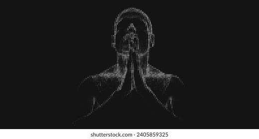 Binary praying figure. Digital belief. Cyber meditation. AI religion