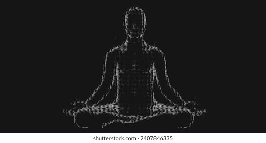 Binary praying figure. Digital belief. Cyber meditation. AI religion