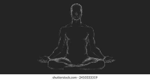 Binary praying figure. Digital belief. Cyber meditation. AI religion