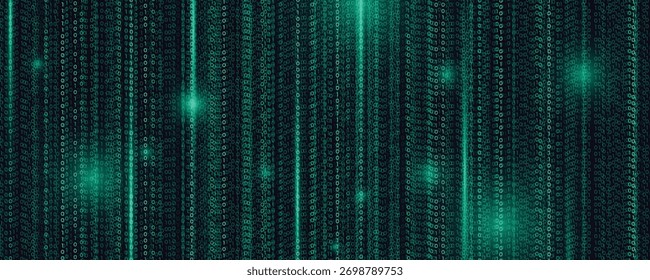 Binary Rain. Green Number Digital Background. Interface Dark Technology code. Abstract Vector Computer Matrix Art. Futuristic Tech Big Data Concept. Numbers Confetti Wallpaper. Electronic Cover. 