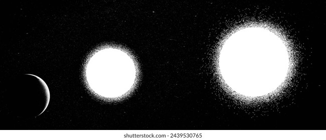Binary stars and exoplanet in outer space. Futuristic landscape, with eclipse . Noise texture . Night landscape with starry sky .Double stars system .Vector illustration
