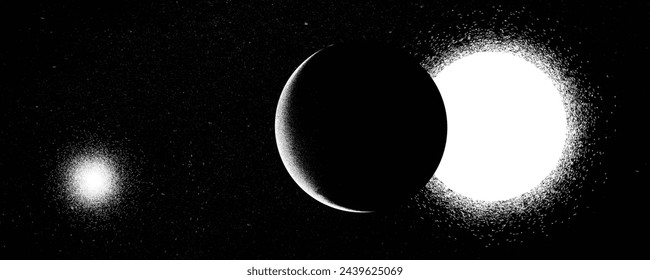 Binary stars and exoplanet in outer space. Futuristic landscape, with noise texture . Night landscape with starry sky .Vector illustration