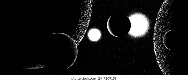 Binary stars and exoplanet in outer space. Futuristic landscape, with eclipse . Noise texture . Night landscape with starry sky .Double stars system .Vector illustration