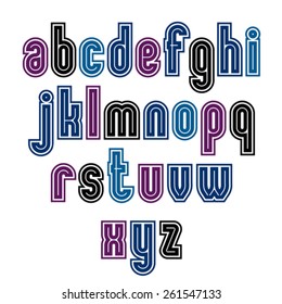 Binary striped distinct font, geometric bold bright typeface. Colorful calligraphic lowercase letters with outline.