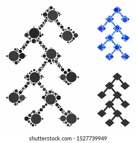 Binary tree composition of small circles in variable sizes and color tinges, based on binary tree icon. Vector filled circles are organized into blue composition.
