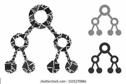 Binary tree mosaic of bumpy elements in various sizes and color hues, based on binary tree icon. Vector abrupt elements are grouped into mosaic. Binary tree icons collage with dotted pattern.