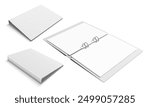 Binder with 4 metal ring clamps. Set of different views of open and closed folder. Vector realistic mockup illustration isolated on white background.