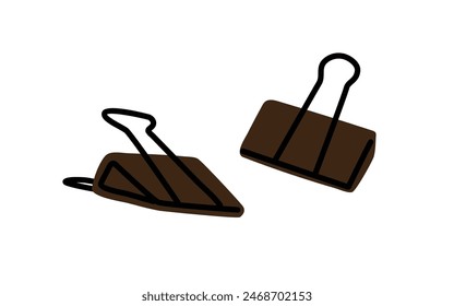 Binder clip, clamp. Paperclip, paper holder, binding clasp. Binderclip for documents. Office stationery accessory. Fastener, grip item. Flat graphic vector illustration isolated on white background
