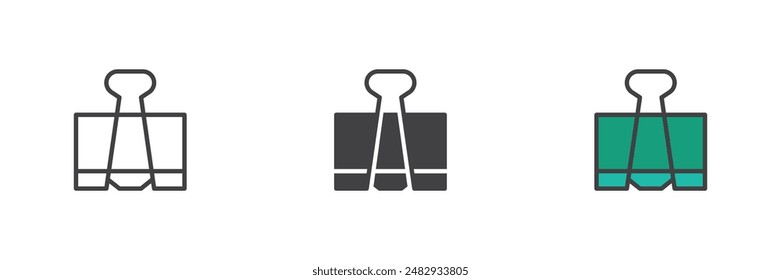 Conjunto de Clips de estilo diferente del cuaderno. Línea, glifo y contorno relleno versión colorida, contorno y Vector relleno signo. Símbolo, ilustración del logotipo. Vector gráfico