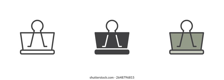 Binder clip line icon, solid and filled outline colorful icon set featuring office binder clip outline, solid binder icon and filled outline clip icon as color vector sign symbol.