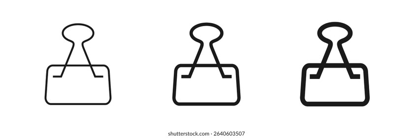 Binder clip line icon in thin, regular and bold outline. Metal paper clamp used for holding documents together. For office, stationery, organization, productivity themes. Web and mobile design vector