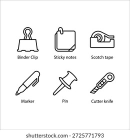 Binder Clip, Sticky notes, Scotch tape, Marker, Pin, Cutter knife, icon