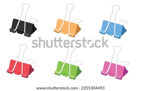 Binder clip vector illustration in different colors. Back to school concept. Stationery, office supplies or school supplies vector. Flat vector in cartoon style isolated on white background.