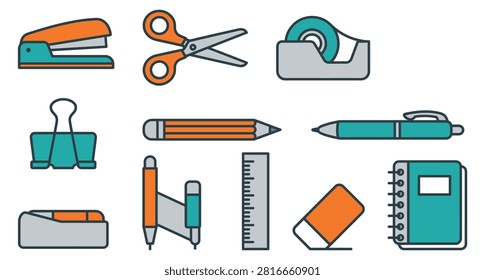 Binder clips and stapler office supply flat vector icon set.