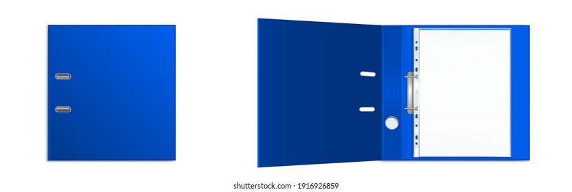 Binder folder with files in plastic punched pockets and ringbinder top view mockup. Closed and open portfolio with blank sheets for documents isolated on white background. Realistic 3d vector mock up