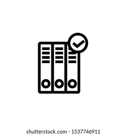 Binder folders check mark icon vector. Business document paperwork organization logo. Law archive regulations illustration. Data Compliance sign.