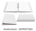 Binder with four metal ring clips. Set of various views of open and closed folder. Vector realistic template illustration isolated on white background.