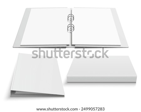 Binder with four metal ring clips. Set of various views of open and closed folder. Vector realistic template illustration isolated on white background.