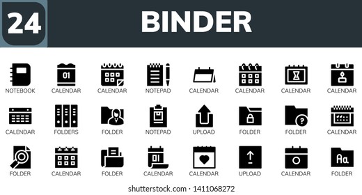 binder icon set. 24 filled binder icons.  Simple modern icons about  - Notebook, Calendar, Notepad, Folders, Folder, Upload