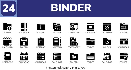 binder icon set. 24 filled binder icons.  Collection Of - Folder, Notebook, Calendar, Notepad, Stationery