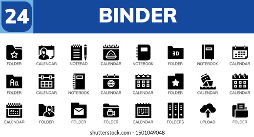 binder icon set. 24 filled binder icons.  Collection Of - Folder, Calendar, Notepad, Notebook, Folders, Upload