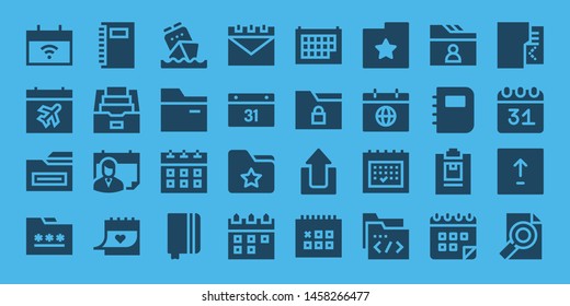 binder icon set. 32 filled binder icons. on blue background style Collection Of - Calendar, Folder, Notebook, Upload, Notepad