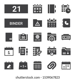 binder icon set. Collection of 21 filled binder icons included Calendar, Paper clip, Folder, Notepad, Notebook, Agenda