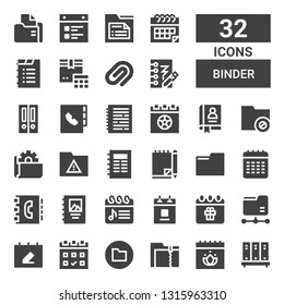 binder icon set. Collection of 32 filled binder icons included Folder, Calendar, Binding, Agenda, Notebook, Folders, Notepad, Paper clip