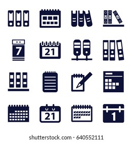 Binder icons set. set of 16 binder filled icons such as calendar, notebook, binder