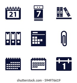 binder icons set. Set of 9 binder filled icons such as calendar, binder, calendar 7 date